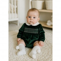 Deolinda Green Velour Romper With Smock Detailing