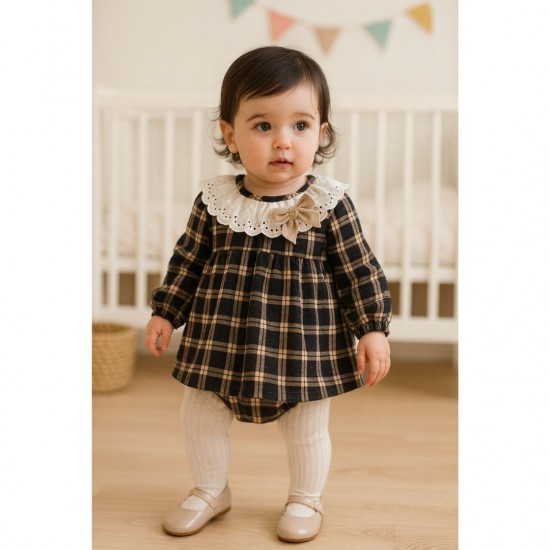 Calamaro Grey and Tan Check Dress With Frill and Bow Collar and matching Knickers