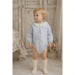 Calamaro Blue Gingham Romper with Frill Neck