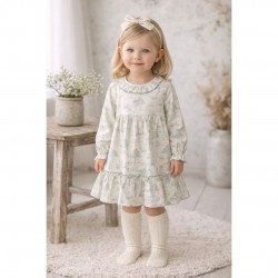 Calamaro Older Girls Cream and Turquoise Long Sleeved Dress 