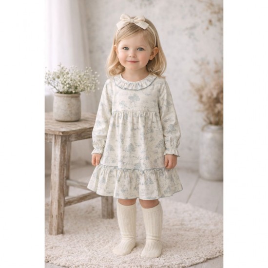 Calamaro Older Girls Cream and Turquoise Long Sleeved Dress 