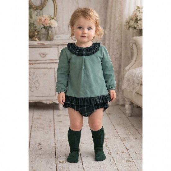 Calamaro Turquoise Smock Style Dress with Grey Check Frill