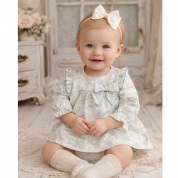 Calamaro Cream and Turquoise Long Sleeved Dress with Bow