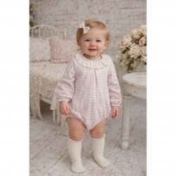 Calamaro Pink Gingham Romper with Frill Neck