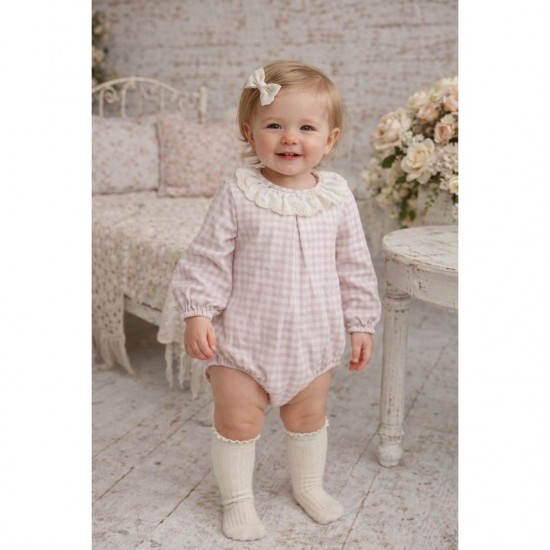 Calamaro Pink Gingham Romper with Frill Neck