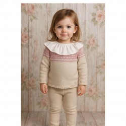 Granlei Beige Knitted Trouser Set With Ruffle Collar 