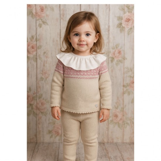 Granlei Beige Knitted Trouser Set With Ruffle Collar 