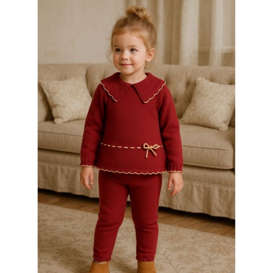 Granlei Deep Red Knitted Trouser Set With Bow