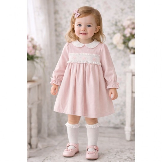 Deolinda Long Sleeved Pink Corduroy Dress With Daisy's