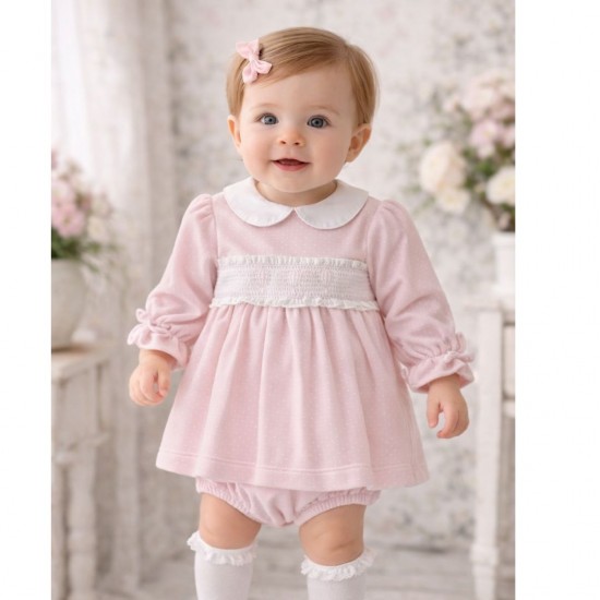 DEOLINDA PINK AND WHITE DOTTED VELOUR DRESS WITH KNICKERS