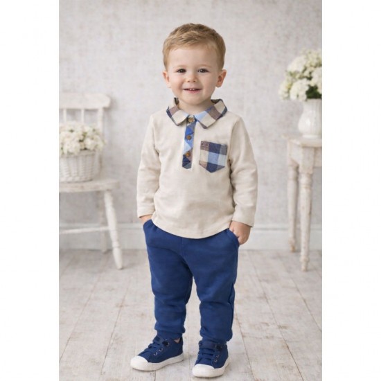 Deolinda Boys Tan and Blue Trouser Set With Checked Collar
