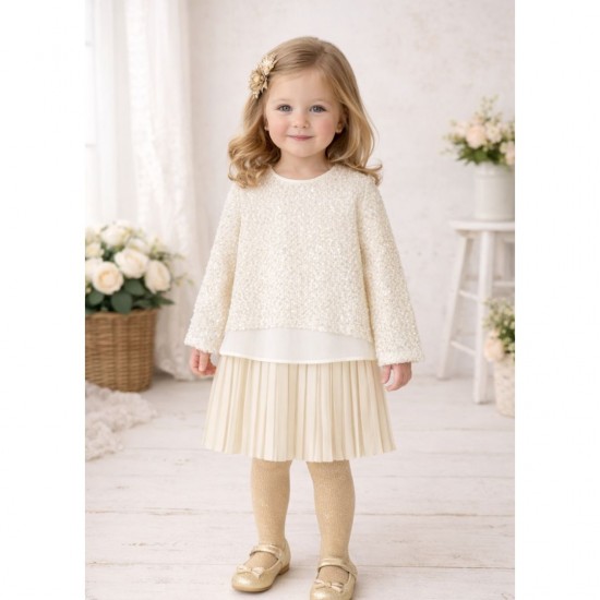 Mayoral Cream and Gold Pleated Dress