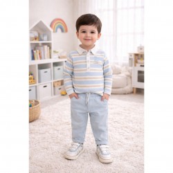 Tutto Piccolo Blue And Beige Polo Shirt Trouser Set