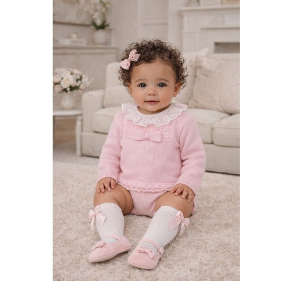 Little Nosh Pink Knitted Jam Pant Set With White Frill Collar