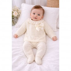 Little Nosh Cream Knitted Footed Two Piece With Bow
