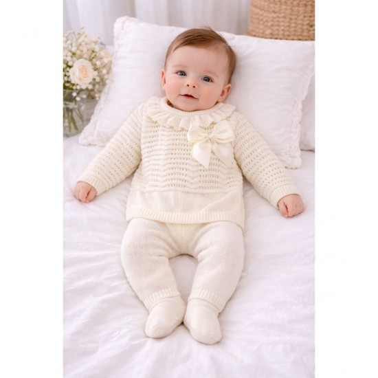 Little Nosh Cream Knitted Footed Two Piece With Bow
