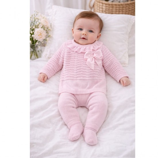 Little Nosh Pink Knitted Footed Two Piece With Bow 