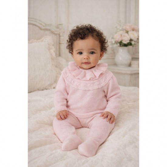 Little Nosh Pink Knitted Footed Set With Frill Collar
