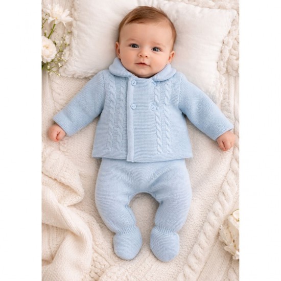 Little Nosh Blue Knitted Cardigan And Footed Trousers