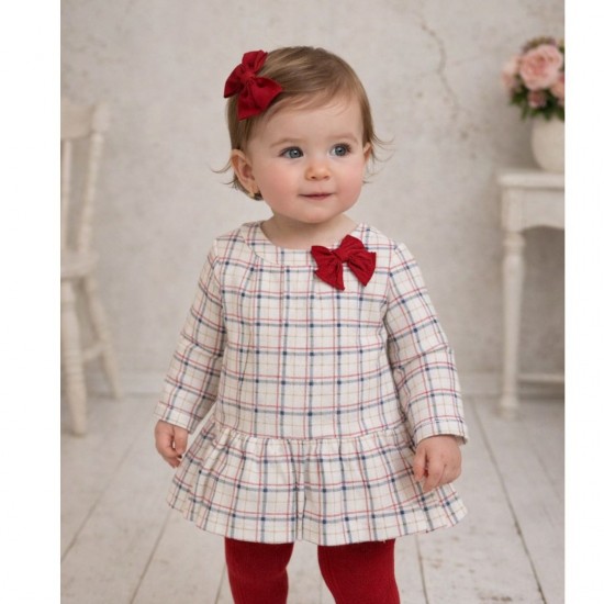 Tutto Piccolo Cream Check Dress With Red Tights
