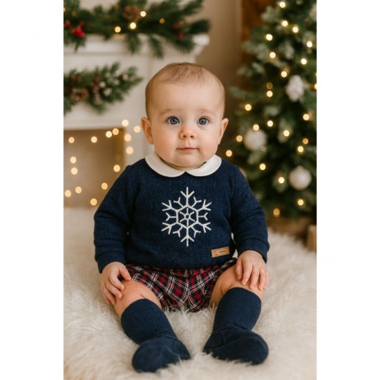 Calamaro Boys Navy Snowflake Jumper and Tartan Shorts