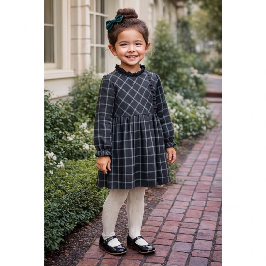 Calamaro Grey and Turquoise Check Frill Detail Dress