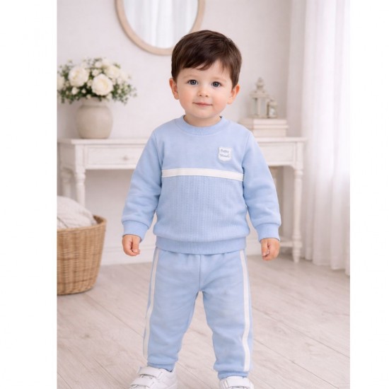 Tutto Piccolo Blue Crew Neck Tracksuit With White Stripe