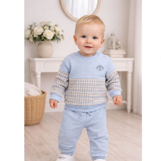Tutto Piccolo Blue Crew Neck Tracksuit With Beige Check