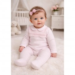 Tutto Piccolo Pink Striped Romper With Scallop Trim