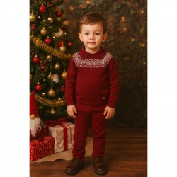 GRANLEI BOYS BURGUNDY KNITTED TROUSER SET WITH FAIR ISLE DETAILING