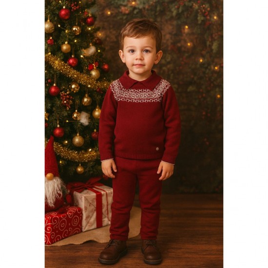 GRANLEI BOYS BURGUNDY KNITTED TROUSER SET WITH FAIR ISLE DETAILING