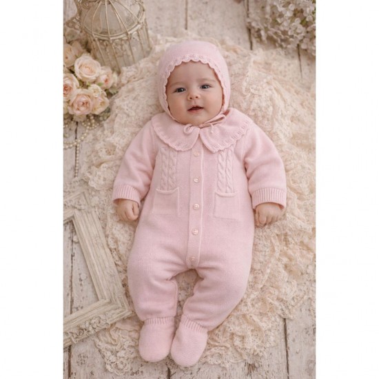 Babidu Pink Knitted Baby Grow With Bonnet