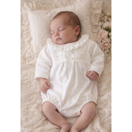 Babidu White Knitted Romper With White Frill Collar