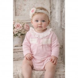 Babidu Pink Knitted Romper With White Frill Collar