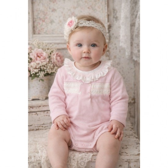 Babidu Pink Knitted Romper With White Frill Collar