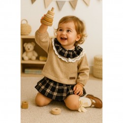 Calamaro Girls Long Sleeved Tan and Grey Check Jam Pant Set