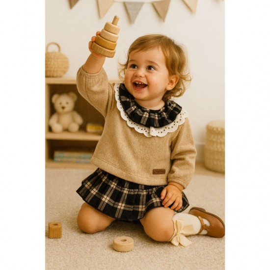 Calamaro Girls Long Sleeved Tan and Grey Check Jam Pant Set