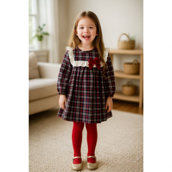 Calamaro Older Girls Red and Blue Tartan Dress With Red Bow