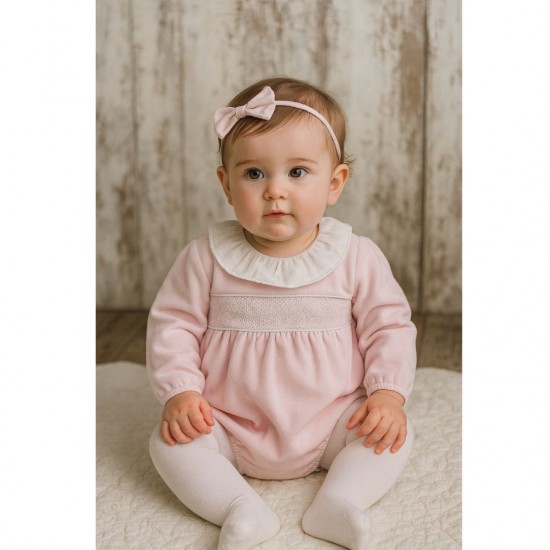AW PEX PINK VELOUR SMOCKED ROMPER