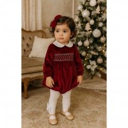 Deolinda Red Velour Romper With Smock Detailing