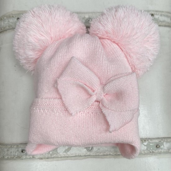 Little Nosh Pink Sparkly Knitted Double Pom Pom Hat