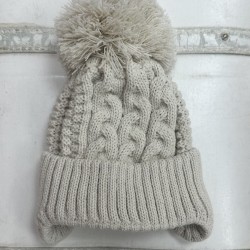 Little Nosh Tan Patterned Knitted Hat With Pom Pom