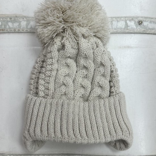 Little Nosh Tan Patterned Knitted Hat With Pom Pom