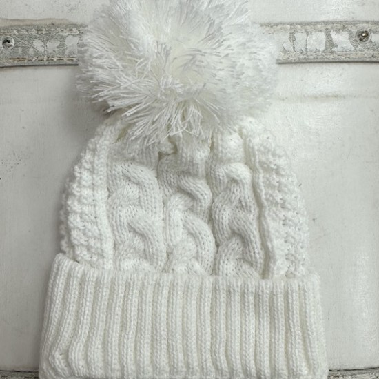 Little Nosh Cream Patterned Knitted Hat With Pom Pom