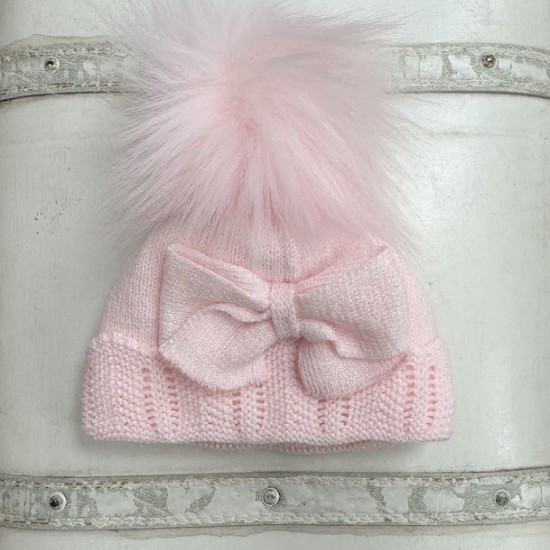 Little Nosh Pink Sparkly Knitted Hat With Fluffy Pom Pom