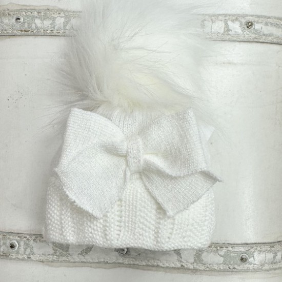 Little Nosh Cream Sparkly Knitted Hat With Fluffy Pom Pom