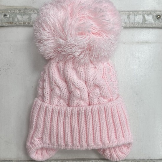 Little Nosh Pink Patterned Knitted Hat With Pom Pom