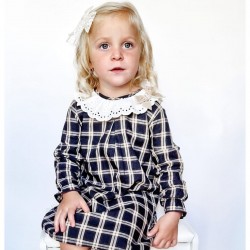Calamaro Grey and Tan Check Dress With Frill and Bow Collar