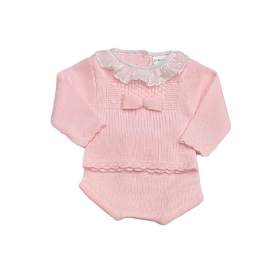Little Nosh Pink Knitted Jam Pant Set With White Frill Collar