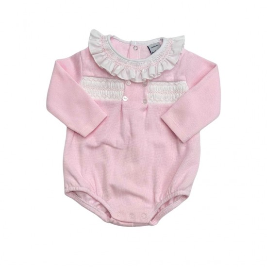 Babidu Pink Knitted Romper With White Frill Collar